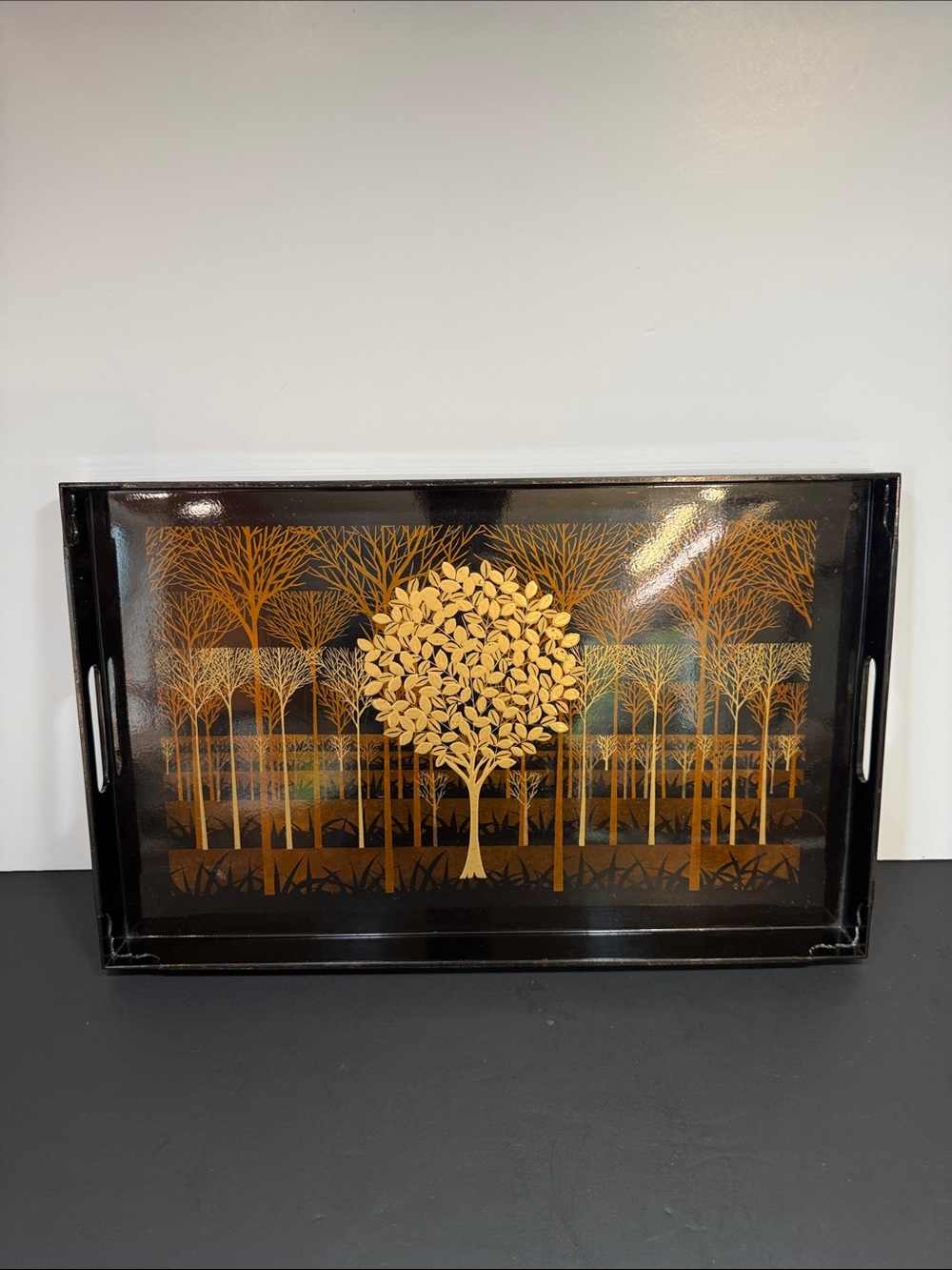 Mid-century Black Lacquerware Tray Bar Ware Otagiri Japan Tree Of Life Design